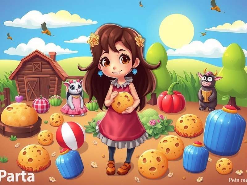 A whimsical illustration of a giant cookie surrounded by various baking and farming tools