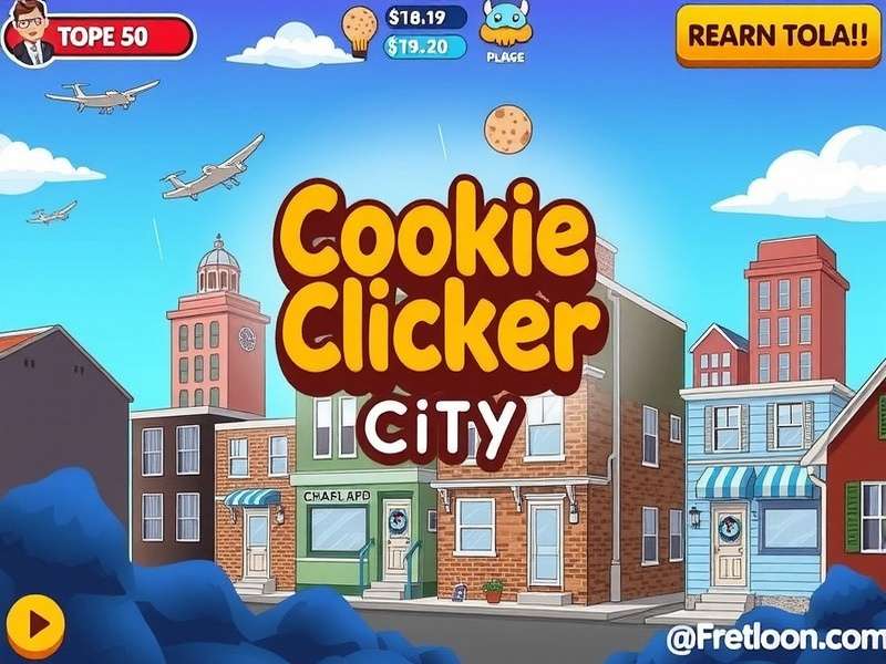 A vibrant, bustling digital city made of cookies and sweets, representing Cookie Clicker City